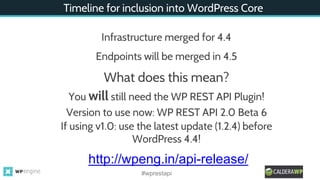 Timeline for inclusion into WordPress Core
Infrastructure merged for 4.4
Endpoints will be merged in 4.5
What does this mean?
You will still need the WP REST API Plugin!
Version to use now: WP REST API 2.0 Beta 6
If using v1.0: use the latest update (1.2.4) before
WordPress 4.4!
http://wpeng.in/api-release/
#wprestapi
 
