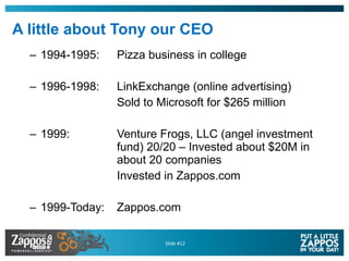 A little about Tony our CEO <ul><ul><li>1994-1995: Pizza business in college </li></ul></ul><ul><ul><li>1996-1998: LinkExc...