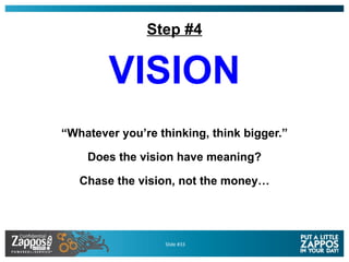 Step #4 <ul><li>VISION </li></ul><ul><li>“ Whatever you’re thinking, think bigger.” </li></ul><ul><li>Does the vision have...