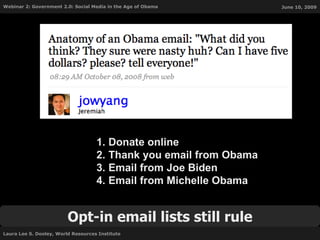 Donate online Thank you email from Obama Email from Joe Biden  Email from Michelle Obama Opt-in email lists still rule 