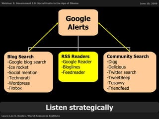 Listen strategically Google Alerts RSS Readers Google Reader Bloglines Feedreader Community Search Digg Delicious Twitter search TweetBeep Tusavvy Friendfeed Blog Search Google blog search Ice rocket Social mention Technorati Wordpress Filtrbox 