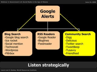 Listen strategically Google Alerts RSS Readers Google Reader Bloglines Feedreader Community Search Digg Delicious Twitter search TweetBeep Tusavvy Friendfeed Blog Search Google blog search Ice rocket Social mention Technorati Wordpress Filtrbox 