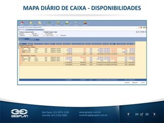 24 
of 38 
www.gesplan.com.br 
marketing@gesplan.com.br 
São Paulo: (11) 3075-1130 
Joinville: (47) 2105-5000 
MAPA DIÁRIO DE CAIXA - DISPONIBILIDADES  