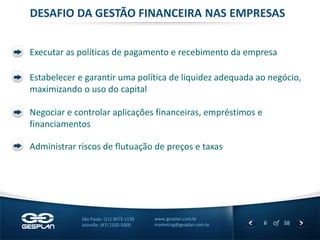 6 
of 38 
www.gesplan.com.br 
marketing@gesplan.com.br 
São Paulo: (11) 3075-1130 
Joinville: (47) 2105-5000 
Estabelecer e garantir uma política de liquidez adequada ao negócio, maximizando o uso do capital 
Executar as políticas de pagamento e recebimento da empresa 
DESAFIO DA GESTÃO FINANCEIRA NAS EMPRESAS 
Negociar e controlar aplicações financeiras, empréstimos e financiamentos 
Administrar riscos de flutuação de preços e taxas  