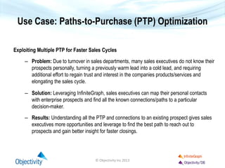 Use Case: Paths-to-Purchase (PTP) Optimization
Exploiting Multiple PTP for Faster Sales Cycles
– Problem: Due to turnover in sales departments, many sales executives do not know their
prospects personally, turning a previously warm lead into a cold lead, and requiring
additional effort to regain trust and interest in the companies products/services and
elongating the sales cycle.
– Solution: Leveraging InfiniteGraph, sales executives can map their personal contacts
with enterprise prospects and find all the known connections/paths to a particular
decision-maker.
– Results: Understanding all the PTP and connections to an existing prospect gives sales
executives more opportunities and leverage to find the best path to reach out to
prospects and gain better insight for faster closings.
© Objectivity Inc 2013
 