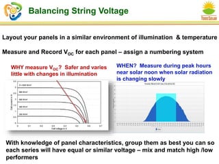 Balancing String Voltage
Layout your panels in a similar environment of illumination & temperature
Measure and Record VOC for each panel – assign a numbering system
WHY measure VOC? Safer and varies
little with changes in illumination
WHEN? Measure during peak hours
near solar noon when solar radiation
is changing slowly
With knowledge of panel characteristics, group them as best you can so
each series will have equal or similar voltage – mix and match high /low
performers
 