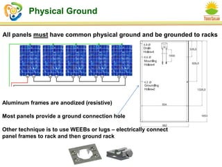 Physical Ground
All panels must have common physical ground and be grounded to racks
Aluminum frames are anodized (resistive)
Most panels provide a ground connection hole
Other technique is to use WEEBs or lugs – electrically connect
panel frames to rack and then ground rack
 