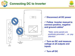 Connecting DC to Inverter
 Disconnect all DC power
 Follow Inverter manual to
connect positive, negative
and ground cables*
*Note: some panels are
positively grounded … so pay
attention
 Turn on DC and measure
voltage at all outputs and
inputs
 Turn off DC
 
