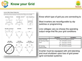 Know your Grid
Know which type of grid you are connecting to
Most inverters are reconfigurable by dip
switches or programming
Line voltages vary so choose the operating
output range that fits your grid conditions
Inverter must be equipped with anti-islanding
and must shutdown upon loss of grid power
(grid connected systems)
 