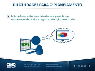 19 
of 26 
www.gesplan.com.br 
marketing@gesplan.com.br 
São Paulo: (11) 3075-1130 
Joinville: (47) 2105-5000 
Falta de ferramentas especializadas para projeção dos componentes da receita, margem e simulação de resultados 
DIFICULDADES PARA O PLANEJAMENTO  