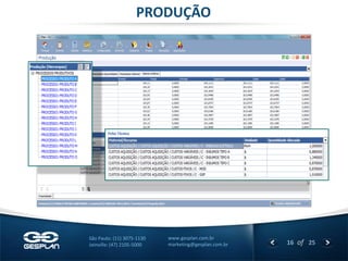 16 
of 25 
www.gesplan.com.br 
marketing@gesplan.com.br 
São Paulo: (11) 3075-1130 
Joinville: (47) 2105-5000 
PRODUÇÃO  