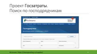 Проект	Госзатраты.	
Поиск	по	господрядчикам
Источник:	https://clearspending.ru/supplier/ 24
 