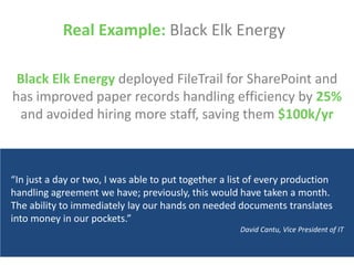Real Example: Black Elk Energy
Black Elk Energy deployed FileTrail for SharePoint and
has improved paper records handling efficiency by 25%
and avoided hiring more staff, saving them $100k/yr

“In just a day or two, I was able to put together a list of every production
handling agreement we have; previously, this would have taken a month.
The ability to immediately lay our hands on needed documents translates
into money in our pockets.”
David Cantu, Vice President of IT
8

 