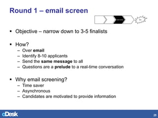 Round 1 – email screen <ul><li>Objective – narrow down to 3-5 finalists </li></ul><ul><li>How? </li></ul><ul><ul><li>Over ...