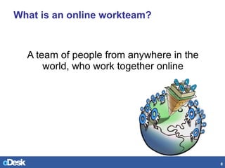 What is an online workteam? <ul><li>A team of people from anywhere in the world, who work together online </li></ul>