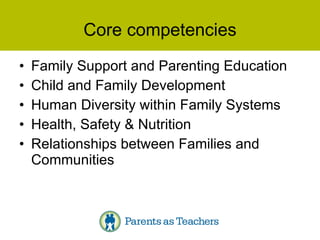 Core competencies Family Support and Parenting Education Child and Family Development Human Diversity within Family Systems Health, Safety & Nutrition  Relationships between Families and Communities 