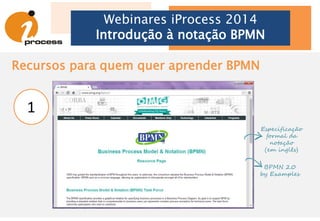 Recursos para quem quer aprender BPMN
Webinares iProcess 2014
Introdução à notação BPMN
3
Comparativo de
ferramentas na
wikipedia com
mais de 58
aplicações
diferentes.
 