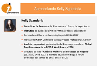 Programa deste Webinar
• O que é (e o que não é) BPMN afinal
• Os três tipos de diagramas de BPMN
• Elementos básicos da modelagem de orquestração
usá-los e como interpretá-los
• Dificuldades comuns a quem está aprendendo BPMN
• Recursos para quem quer aprender BPMN
Webinares iProcess 2014
Introdução à notação BPMN
 