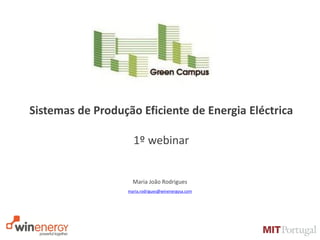 Sistemas de Produção Eficiente de Energia Eléctrica

                     1º webinar


                     Maria João Rodrigues
                   maria.rodrigues@winenergysa.com




                                  .
 