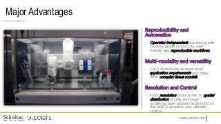 WWW.SCINTICA.COM
Major Advantages
Reproducibility and
Automation
• Operator independent processing with
industry-grade robotics for user-
friendly and reproducible workflows
Multi-modality and versatility
• 3-in-1 instruments to meet most
application requirements and make
more complex tissue models
Resolution and Control
• From resolution and volume, to spatial
distribution of cells and tissue
modeling, laser assisted bioprinting on
the NGB-R gives the user ultimate
control
 