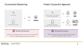  Biomaterial purpose
Minimize the negative impact of shear stress and prevent
cells from differentiating/dying in the process
 Biomaterial purpose
Maximize tissue maturation and help key biological
functions emerge for better results
Biomaterial/hydrogel
Living cells
+
Conventional Bioprinting Poietis’ Cytocentric Approach
Living cells in culture media
or with proper hydrogel
Biomaterial/hydrogel
serving as extra-cellular matrix
Microsion
Laser
Bioink
Bioink
Biomaterial
Extrusion
 