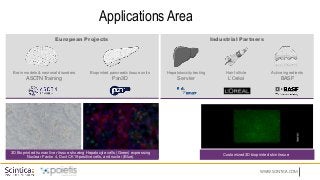 WWW.SCINTICA.COM
Applications Area
European Projects Industrial Partners
Brain models & neuronal disorders
ASCTN T
raining
Bioprinted pancreatic tissue units
Pan3D
Hepatotoxicity testing
Servier
Hair follicle
L’Oréal
Active ingredients
BASF
3D Bioprinted human liver tissue showing Hepatocyte cells (Green) expressing
Nuclear Factor 4, Duct CK19-positive cells, and nuclei (Blue).
Customized 3D bioprinted skin tissue
 
