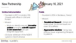 WWW.SCINTICA.COM
New Partnership February 16, 2021
Scintica Instrumentation
• Founded in 2017 in London, ON
Canada; with offices in USA and
Europe
• Mission:
• Works to identify new and innovative
systems, providing scientific support
to link researchers with well
designed equipment
• Exclusive distributor of the NGB-R
system in North America
Poietis
• Founded in 2014 in Bordeaux, France
• Mission:
• Translational Research – design and
make actual, functional tissues not
mere 3D scaffolds
• Regenerative Medicine – bring new,
effective tissue-engineering therapies
to patients
 