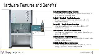 WWW.SCINTICA.COM
Hardware Features and Benefits
Fully Integrated Biosafety Cabinet
• Saves space and money with an all-in-one cabinet for al
your cell and bioprinting work
Industry-Grade 6-Axis Robotic Arm
• Enjoy unrivaled precision and automation with fully
motorized robotics
Large 21” Touch-Screen Interface
• Operate your bioprinter in optimal conditions with
stunning visualization
Bio-Extrusion and Micro-Valve Heads
• Continue your current bioprinting work and transfer your
protocols to NGB-R
Exclusive Laser Bioprinting Head
• Discover single-cell resolution and keep total control over
cell distribution patterns
Built-In Cellular-Level Microscope
• Get stunning images and monitor your tissues without
taking them out of the bio-safety cabinet
 