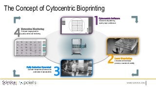 WWW.SCINTICA.COM
The Concept of Cytocentric Bioprinting
1Cytocentric Software
Advanced cell patterning,
layer-by-layer architecture
2Laser Bioprinting
Unrivaled cell-distribution
precision, resolution & viability
3
Fully Robotics Operated
Operator-independent processes for
automation & reproducibility
4
Maturation Monitoring
On-board imaging tools for
quality-control and monitoring
 
