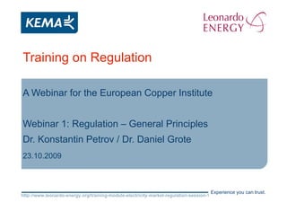 Training on Regulation A Webinar for the European Copper Institute Webinar 1: Regulation – General Principles Dr. Konstantin Petrov / Dr. Daniel Grote 23.10.2009 http://www.leonardo-energy.org/training-module-electricity-market-regulation-session-1   