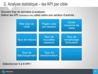 16
2. Analyse statistique – les KPI par cible
Nbe total de
visite
Pages vues
par session
Durée
moyenne de
visite
Taux de rebond
Taux de
nouvelles
sessions
Taux de
remplissage
formulaire
Taux de
téléchargement
Taux de
transformation
…
Les outils de statistique fournissent souvent trop d’indicateurs, desquels il est complexe
d’extraire des données signifiante. Il faut définir des KPI
(indicateurs clés) utiles selon son secteur d’activité…
Sélectionner au max 5 à 6 KPI !
 