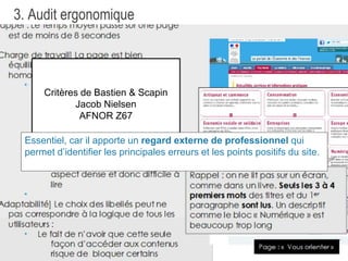 17
3. Audit ergonomique
Critères de Bastien & Sca
Jacob Nielsen
AFNOR Z67
Essentiel, car il apporte un regard externe de professionnel qui
permet d’identifier les principales erreurs et les points positifs du site.
 