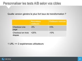 24
Personnaliser les tests A/B selon vos cibles
Nouveaux
visiteurs
Visiteurs connus
Checkout one
page
-5% +5%
Checkout en trois
étapes
+25% -10%
L’enjeu de la réussite d’un projet Web réside dans la personnalisation
des réponses en fonction des utilisateurs. Il est intéressant
d’exploiter les tests A/B selon différentes catégories de visiteurs.
Exemple de ROI différent selon des visiteurs récurrents et des nouveaux visiteurs
 