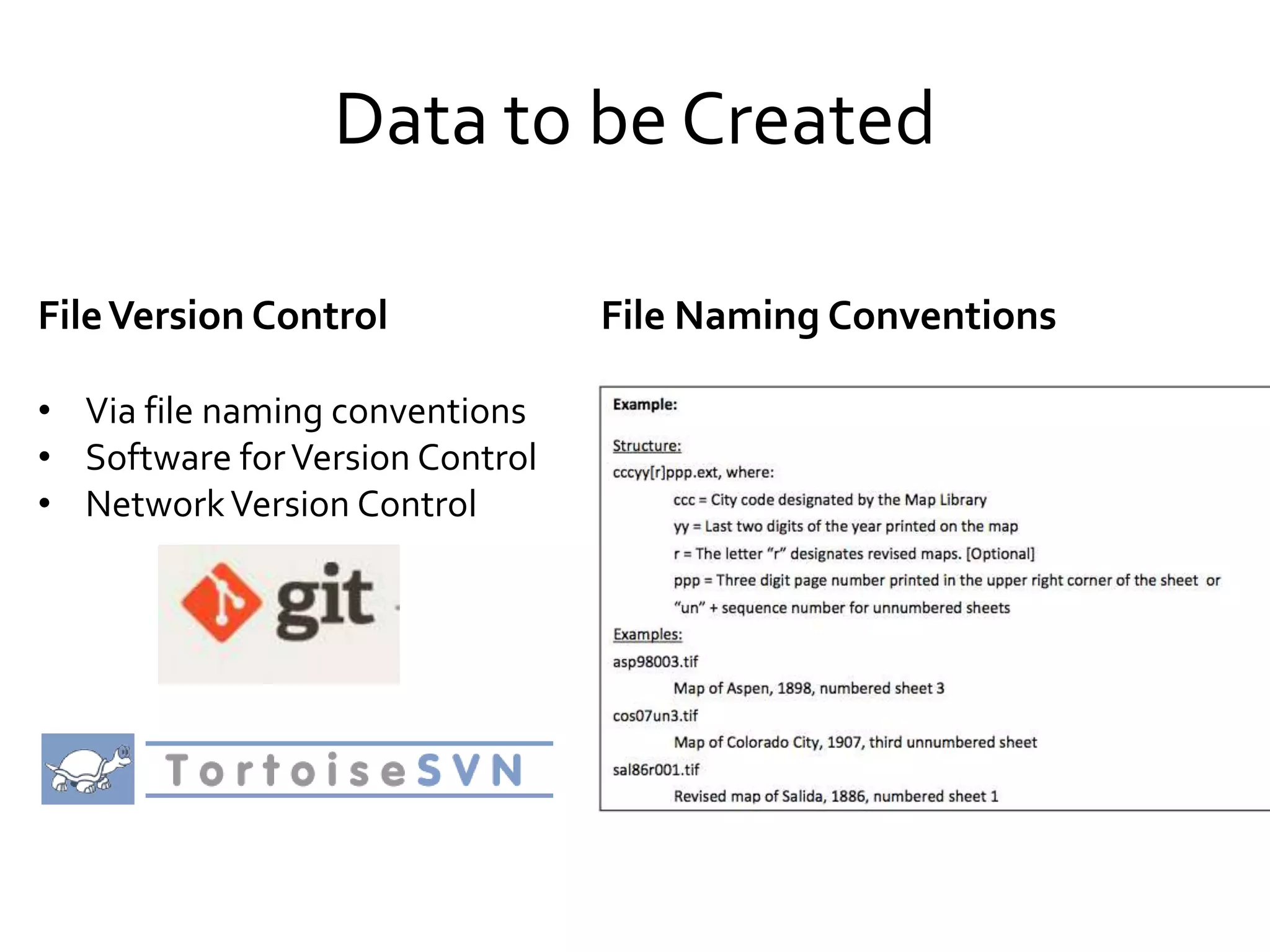 Data to be Created
File Naming ConventionsFileVersion Control
• Via file naming conventions
• Software forVersion Control
• NetworkVersion Control
 