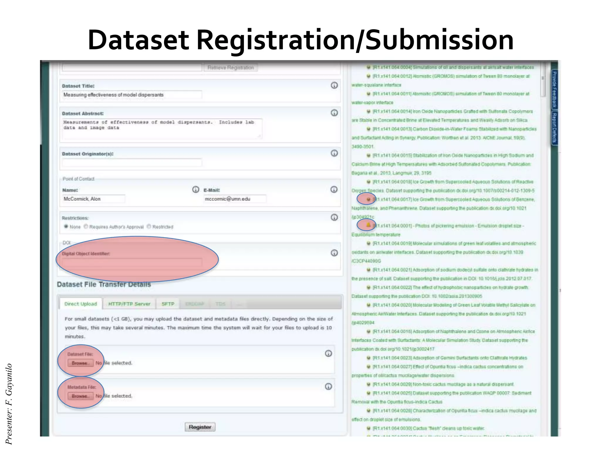 Dataset Registration/Submission
Presenter:F.Gayanilo
 