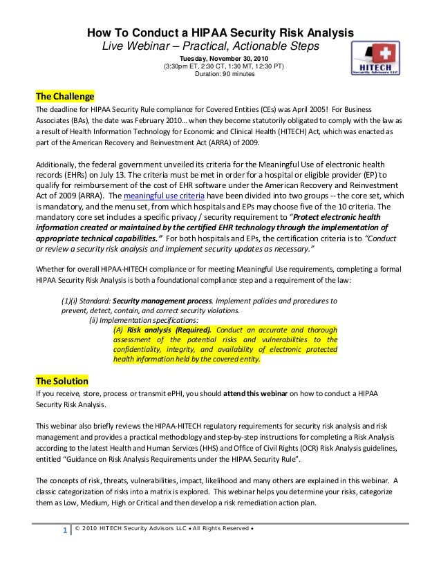 Webinar 11 30 2010 How To Conduct A Hipaa Security Risk Analysis Hipaa Privacy Risk Assessment Template