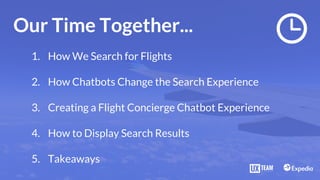 1. How We Search for Flights
2. How Chatbots Change the Search Experience
3. Creating a Flight Concierge Chatbot Experience
4. How to Display Search Results
5. Takeaways
Our Time Together...
 