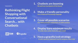 TAKEAWAYS
Rethinking Flight
Shopping with
Conversational
Search… with
Chatbots
1. Chatbots are booming
Do well one touchpoint of the funnel
2. Make a friendly personality
Use of Natural Processing Language
3. Cover all possible scenarios
Use inline prompts and buttons as call to actions
4. Display bare minimum results
Provide clear action items for each result
5. Have a graceful exit strategy
Create a general statement and/or propose a next step
 