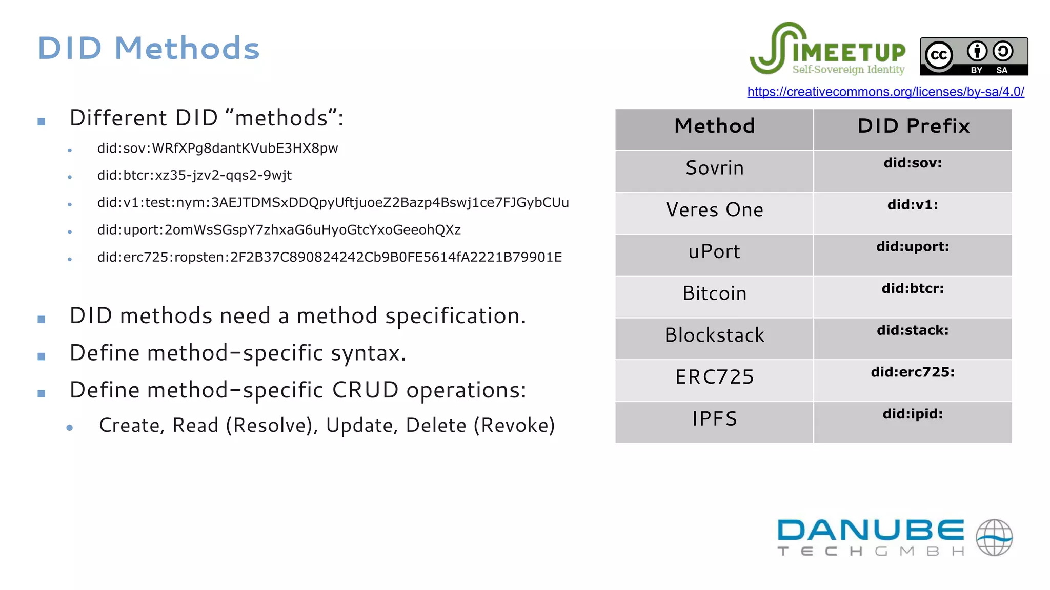 DID Methods
■ Different DID “methods”:
● did:sov:WRfXPg8dantKVubE3HX8pw
● did:btcr:xz35-jzv2-qqs2-9wjt
● did:v1:test:nym:3AEJTDMSxDDQpyUftjuoeZ2Bazp4Bswj1ce7FJGybCUu
● did:uport:2omWsSGspY7zhxaG6uHyoGtcYxoGeeohQXz
● did:erc725:ropsten:2F2B37C890824242Cb9B0FE5614fA2221B79901E
■ DID methods need a method specification.
■ Define method-specific syntax.
■ Define method-specific CRUD operations:
● Create, Read (Resolve), Update, Delete (Revoke)
Method DID Prefix
Sovrin did:sov:
Veres One did:v1:
uPort did:uport:
Bitcoin did:btcr:
Blockstack did:stack:
ERC725 did:erc725:
IPFS did:ipid:
https://creativecommons.org/licenses/by-sa/4.0/
 