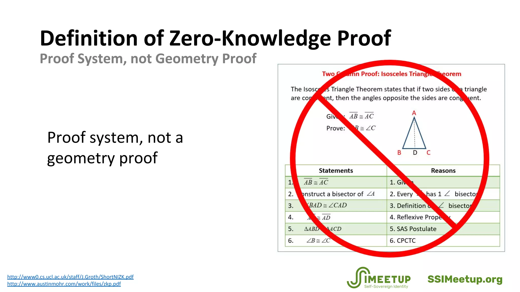 Definition of Zero-Knowledge Proof
Proof System, not Geometry Proof
http://www0.cs.ucl.ac.uk/staff/J.Groth/ShortNIZK.pdf
http://www.austinmohr.com/work/files/zkp.pdf
Proof system, not a
geometry proof
SSIMeetup.org
 