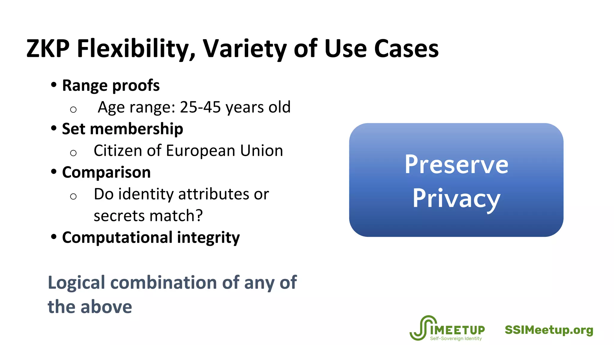 ZKP Flexibility, Variety of Use Cases
• Range proofs
o Age range: 25-45 years old
• Set membership
o Citizen of European Union
• Comparison
o Do identity attributes or
secrets match?
• Computational integrity
Logical combination of any of
the above
Preserve
Privacy
SSIMeetup.org
 
