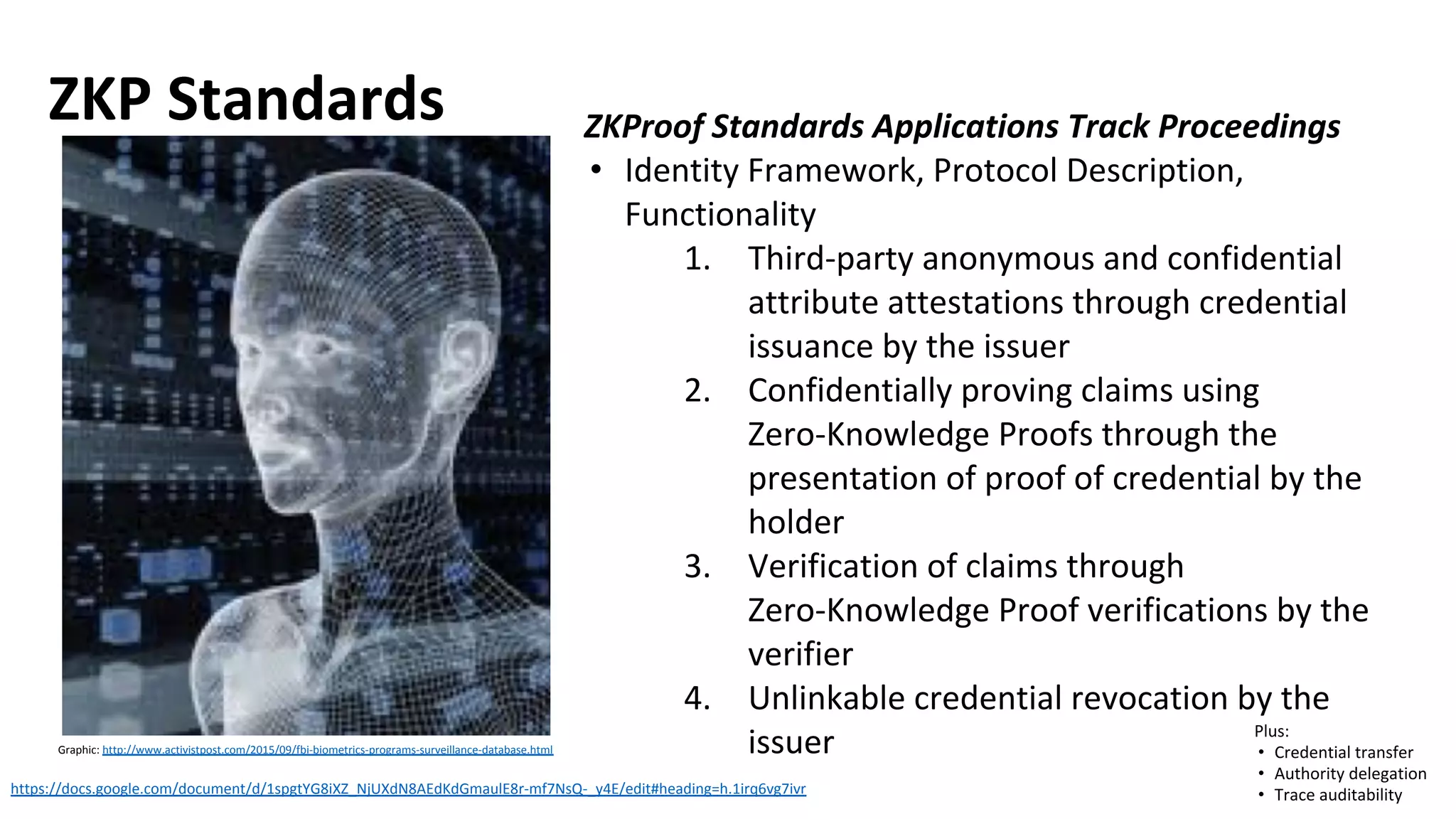 ZKP Standards
https://docs.google.com/document/d/1spgtYG8iXZ_NjUXdN8AEdKdGmaulE8r-mf7NsQ-_y4E/edit#heading=h.1irq6vg7ivr
ZKProof Standards Applications Track Proceedings
• Identity Framework, Protocol Description,
Functionality
1. Third-party anonymous and confidential
attribute attestations through credential
issuance by the issuer
2. Confidentially proving claims using
Zero-Knowledge Proofs through the
presentation of proof of credential by the
holder
3. Verification of claims through
Zero-Knowledge Proof verifications by the
verifier
4. Unlinkable credential revocation by the
issuer Plus:
• Credential transfer
• Authority delegation
• Trace auditability
Graphic: http://www.activistpost.com/2015/09/fbi-biometrics-programs-surveillance-database.html
 