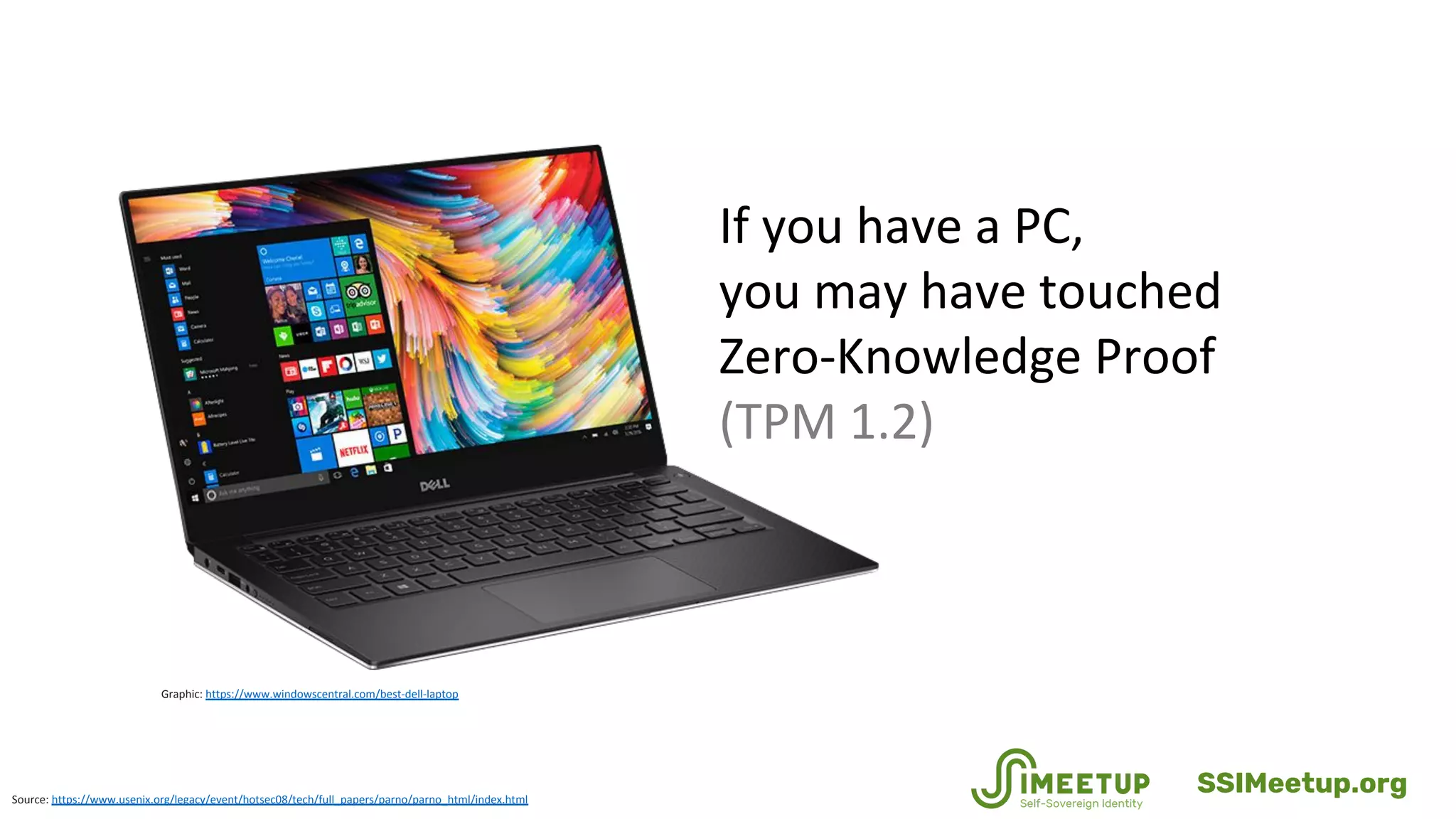 Source: https://www.usenix.org/legacy/event/hotsec08/tech/full_papers/parno/parno_html/index.html
If you have a PC,
you may have touched
Zero-Knowledge Proof
(TPM 1.2)
Graphic: https://www.windowscentral.com/best-dell-laptop
SSIMeetup.org
 