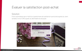 Évaluer la satisfaction post-achat
www.myfeelback.com
Solution
Envoi automatique par e-mail d’un questionnaire de satisfaction post-achat auprès du client
acheteur et d’un SMS auprès du destinataire du bouquet.
 