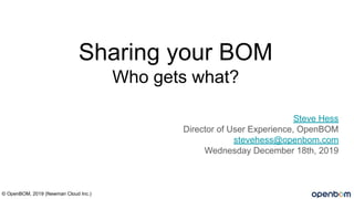Sharing your BOM
Who gets what?
Steve Hess
Director of User Experience, OpenBOM
stevehess@openbom.com
Wednesday December 18th, 2019
© OpenBOM, 2019 (Newman Cloud Inc.)
 
