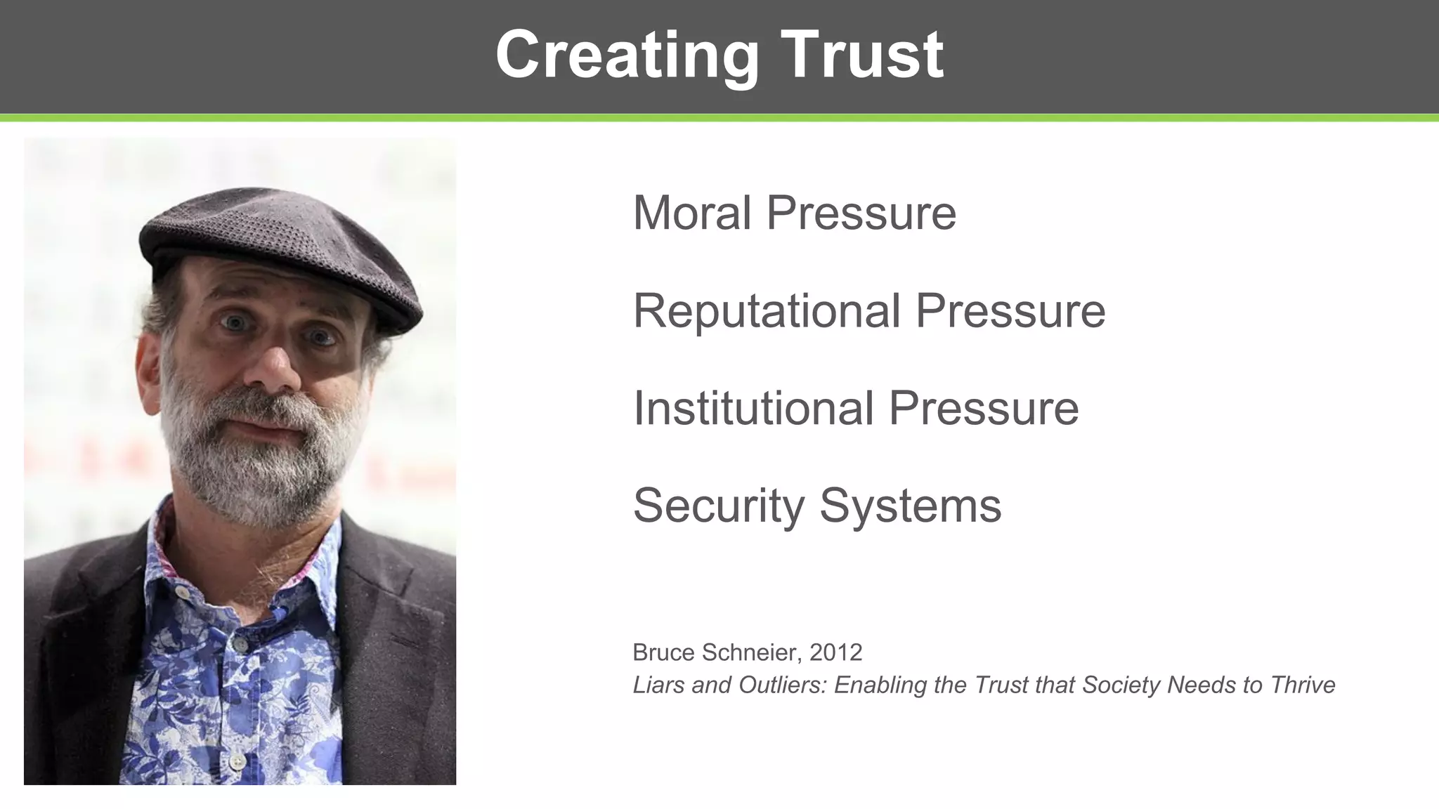 Creating Trust
Moral Pressure
Reputational Pressure
Institutional Pressure
Security Systems
Bruce Schneier, 2012
Liars and Outliers: Enabling the Trust that Society Needs to Thrive
 