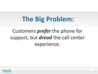 The Big Problem:
 Customers prefer the phone for
support, but dread the call center
           experience.



                                     6
 