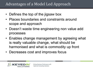 Advantages of a Model Led Approach

• Defines the top of the jigsaw box
• Places boundaries and constraints around
  scope and approach
• Doesn’t waste time engineering non value add
  processes
• Enables change management by agreeing what
  is really valuable change, what should be
  harmonised and what is commodity up front
• Decreases cost and improves focus
 