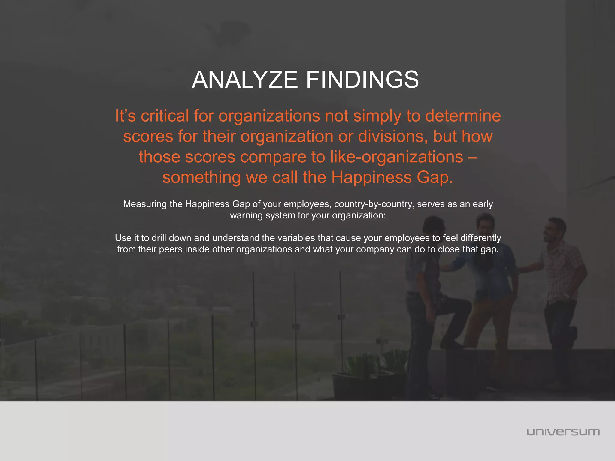 It’s critical for organizations not simply to determine
scores for their organization or divisions, but how
those scores compare to like-organizations –
something we call the Happiness Gap.
Measuring the Happiness Gap of your employees, country-by-country, serves as an early
warning system for your organization:
Use it to drill down and understand the variables that cause your employees to feel differently
from their peers inside other organizations and what your company can do to close that gap.
ANALYZE FINDINGS
 