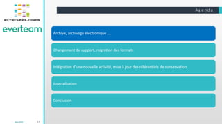 Age nda
11
Archive, archivage électronique ….
Changement de support, migration des formats
Intégration d’une nouvelle activité, mise à jour des référentiels de conservation
Journalisation
Conclusion
Mai 2017
 